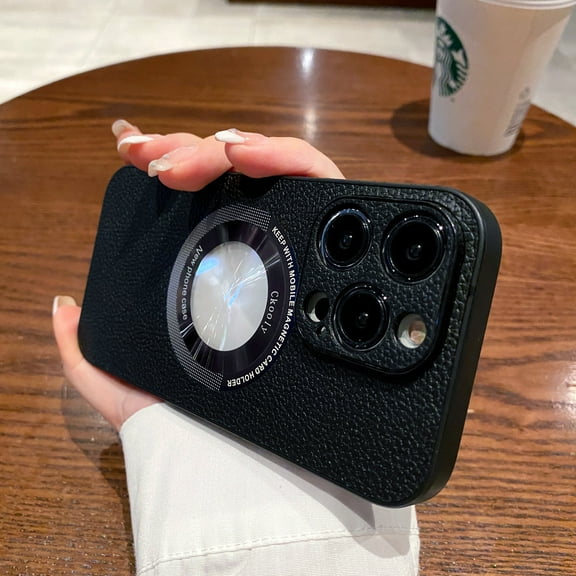 Lychee Texture PU Leather Magnetic Phone Case for iPhone 12 Pro,Compatible with MagSafe Charging,Logo Hollow View Camera Lens Protect Shockproof Anti-Fingerprint Slim Phone Case,Coffee