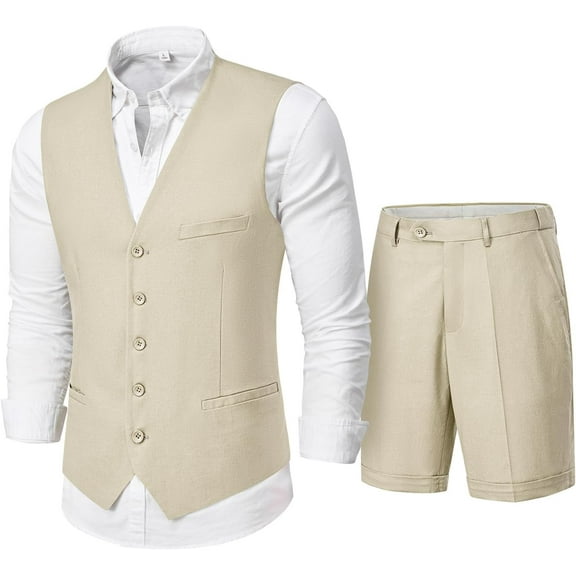 Lycody 2-Piece Men’s Linen Summer Vest Shorts, Slim Fit Lightweight Waistcoat Shorts, Casual Beach Summer Wedding Prom Graduate Homecoming Outfit, Machine Washable