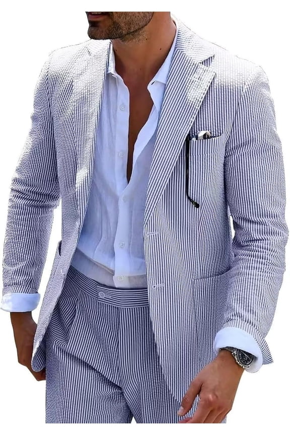 2 piece Men Seersucker Suit Formal Slim Fit Suits for Summer Beach Wedding Grooms Blazer Pants Party Suit Sets