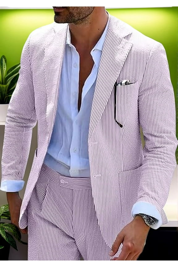 2 piece Men Seersucker Suit Formal Slim Fit Suits for Summer Beach Wedding Grooms Blazer Pants Party Suit Sets