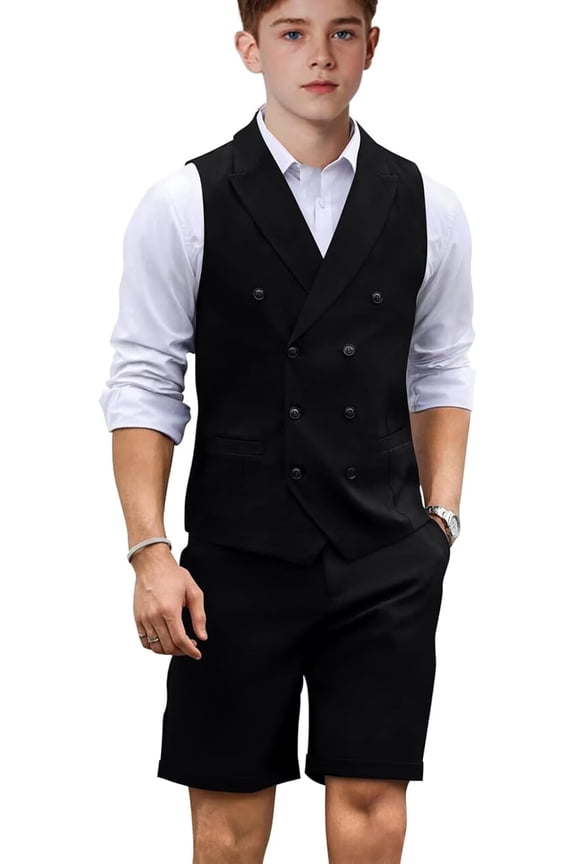 2PCS Boys Formal Suit Slim Fit Kids Suits for Teen Wedding Ring Bearer Outfit Double Breasted Suit Solid Vest Shorts Suit, Unisex, Graduation, PROM