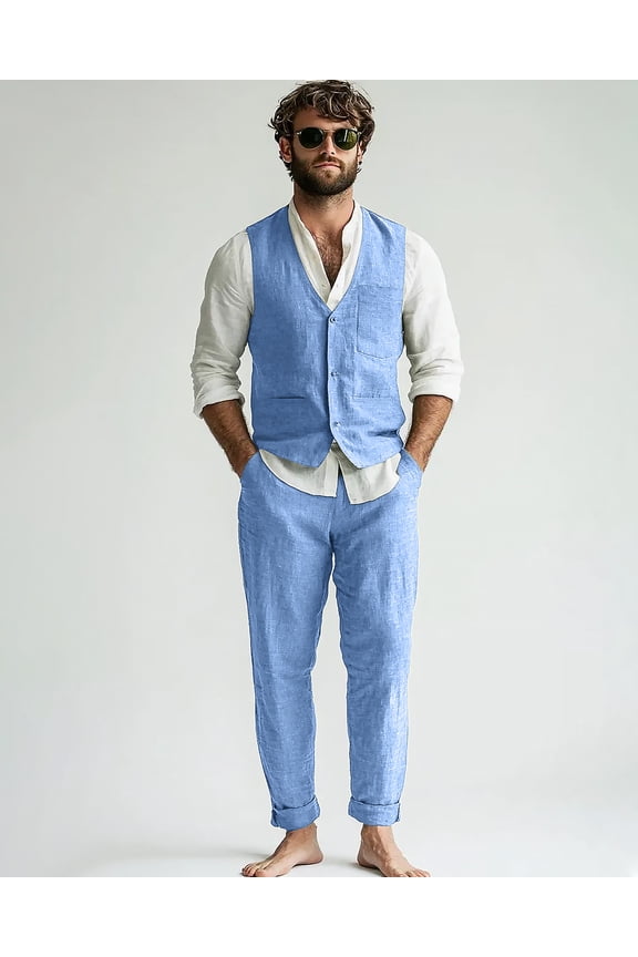 2pcs Men's Retro Linen Vest Pant Summer Suits Elegant Slim Suit Gentleman Wedding Light Weight Linen Suit