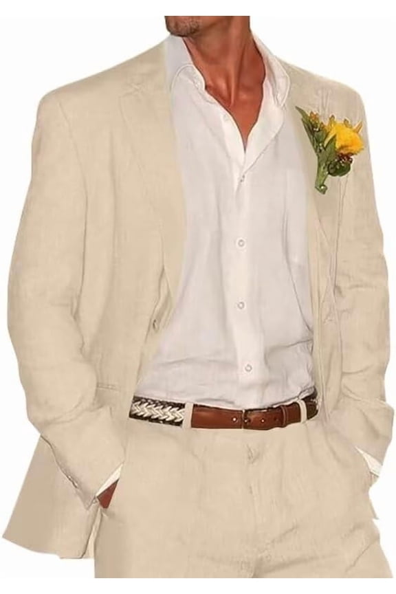 2pcs Mens Linen Suit Casual Slim Fit Vintage Suits Groomsmen Suits Wedding Summer Beach Blazer Pants Set