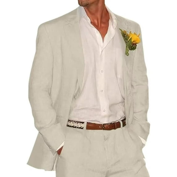Lycody 2pcs Mens Linen Suit Casual Slim Fit Vintage Suits Groomsmen Suits Wedding Summer Beach Blazer Pants Set