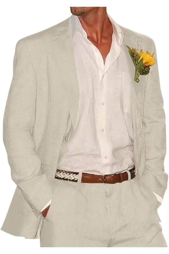 2pcs Mens Linen Suit Casual Slim Fit Vintage Suits Groomsmen Suits Wedding Summer Beach Blazer Pants Set
