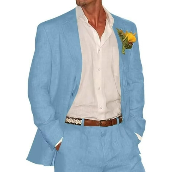 Lycody 2pcs Mens Linen Suit Casual Slim Fit Vintage Suits Groomsmen Suits Wedding Summer Beach Blazer Pants Set