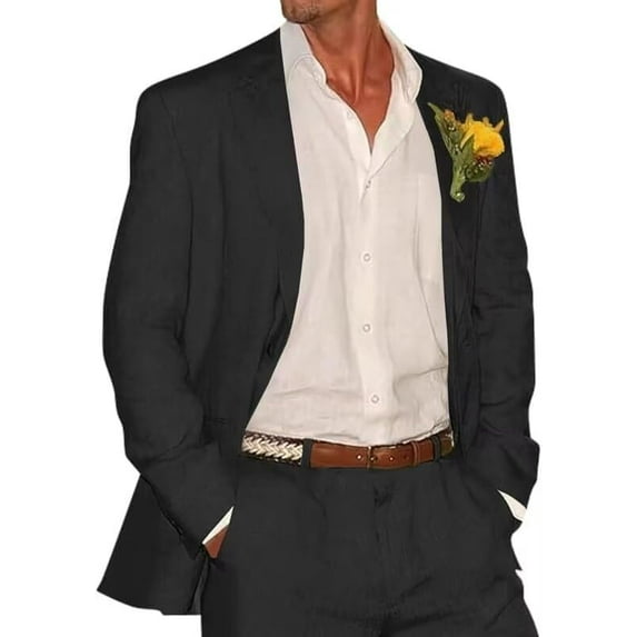 Lycody 2pcs Mens Linen Suit Casual Slim Fit Vintage Suits Groomsmen Suits Wedding Summer Beach Blazer Pants Set