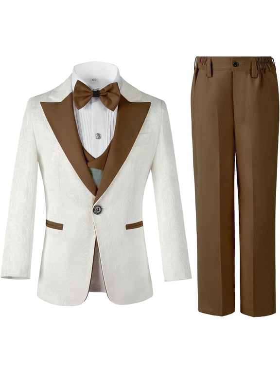 3 Pieces Boys Suit Set Teenage Jacquard Blazer Slim Fit Tuxedo Jacket Vest Pants Prom Wedding Ring Party Graduation for 3-16 Years Kids