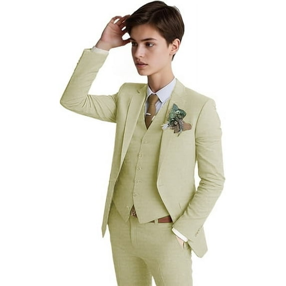 Lycody 3PCS Boys Linen Slim Fit Suit for Kids Toddler Teen Formal Wedding Ring Bearer Outfit Blazer Vest Pants Set, Graduation, PROM, Elegance