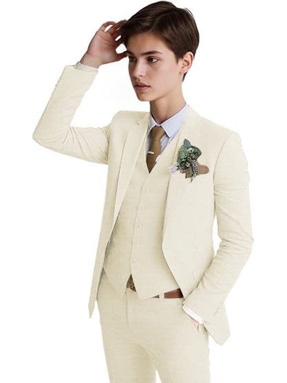 3PCS Boys Linen Slim Fit Suit for Kids Toddler Teen Formal Wedding Ring Bearer Outfit Blazer Vest Pants Set, Graduation, PROM, Elegance