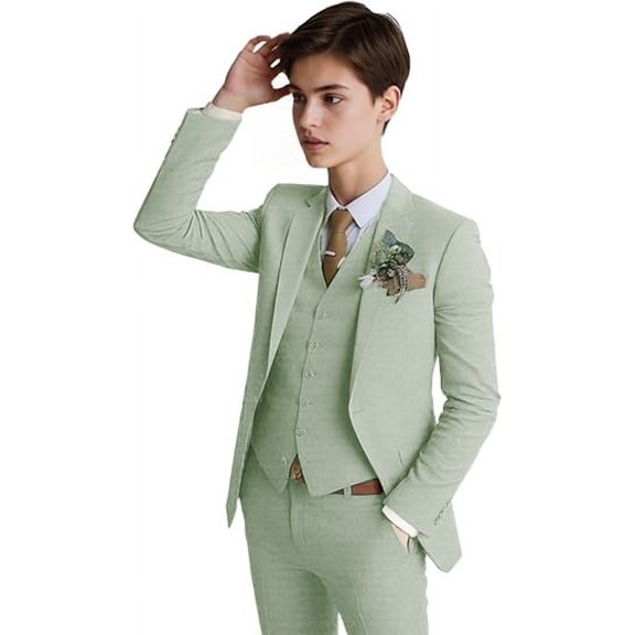 Lycody 3PCS Boys Linen Slim Fit Suit for Kids Toddler Teen Formal Wedding Ring Bearer Outfit Blazer Vest Pants Set, Graduation, PROM, Elegance