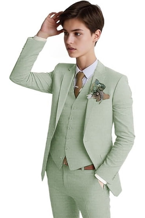 3PCS Boys Linen Slim Fit Suit for Kids Toddler Teen Formal Wedding Ring Bearer Outfit Blazer Vest Pants Set, Graduation, PROM, Elegance