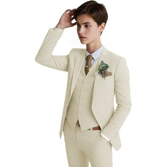 Lycody 3PCS Boys Linen Slim Fit Suit for Kids Toddler Teen Formal Wedding Ring Bearer Outfit Blazer Vest Pants Set, Graduation, PROM, Elegance