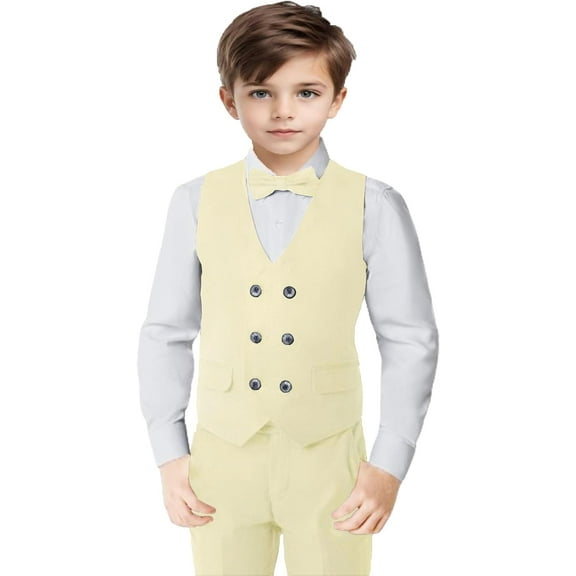 Lycody 3pcs Boys Slim Fit Vest Pants Bowtie Suits for Teen and Kids Slim Fit Boys Tuxedo Double Breasted Wedding Ring Bearer Outfit