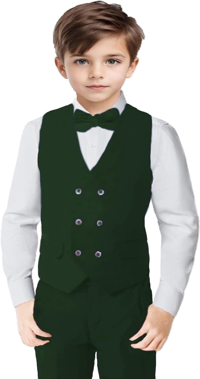SWOTGdoby Boys 4-Piece Slim Fit Suit Set – Blazer, Vest, Pants, Bow Tie With Gold Trim, Green-Gold, Size 10 Years