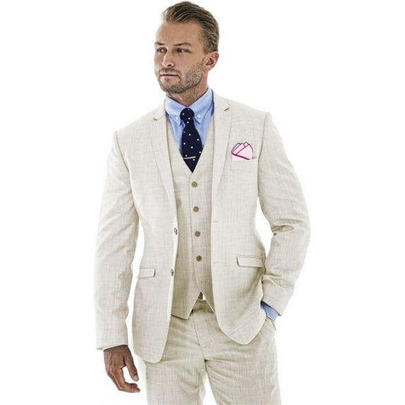 Lycody 3pcs Linen Mens Suit Vintage Retro Wedding Prom Suits Slim Fit Jacket Blazer Groom Tuxedos Dinner Party