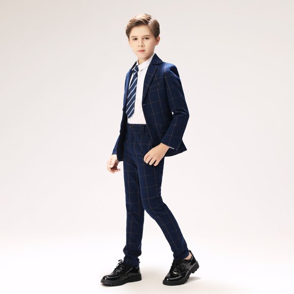 Lycody 4pcs Boys Formal Silm Fit Plaid Suits Dresswear Boy Suit for Kids Wedding Ring Bearer Complete Outfit Suits Set,Navy Blue
