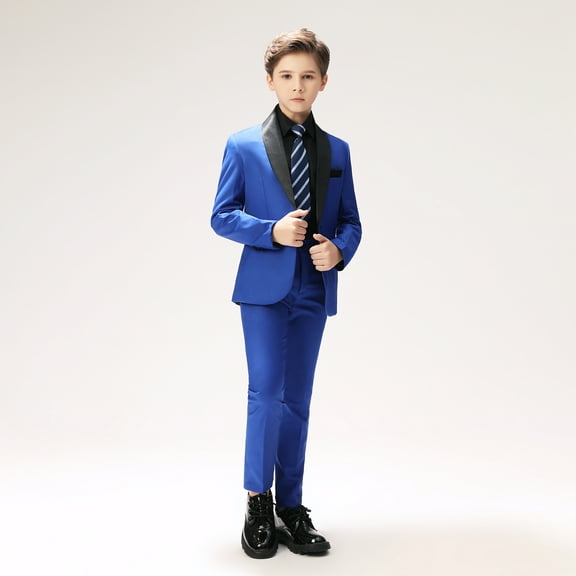 Lycody 4pcs Boys Slim Fit Tuxedo Suit Shawl Lapel One Button Tuxedo Slim Fit Premium,for Boys Wedding Outfit Blazer Coat  Pants Set with Bow Tie