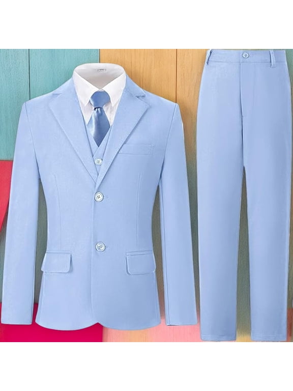 5PCS Boys Formal Slim Suit Teen Dress Clothes Bearer Pants Vest Shirt BowTie or Tie Wedding Ring Outfit for Kids Fit Suit for Graduate Easter