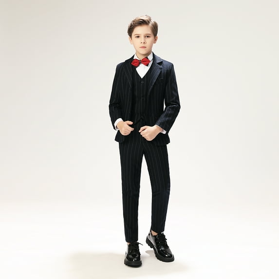 Lycody 5pcs Boys Slim Fit Suits Striped Formal Suits Set Toddler Kids Suits Blazer Pants Vest Shirt Bow tie Wedding Tuxedo Dress Suits for Teen Boys