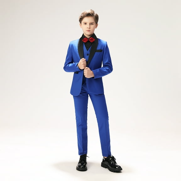 Lycody 5pcs Boys Slim Fit Tuxedo Suit Shawl Lapel One Button Tuxedo Slim Fit Premium,for Boys Wedding Outfit Blazer Coat Vest Pants Set with Bow Tie
