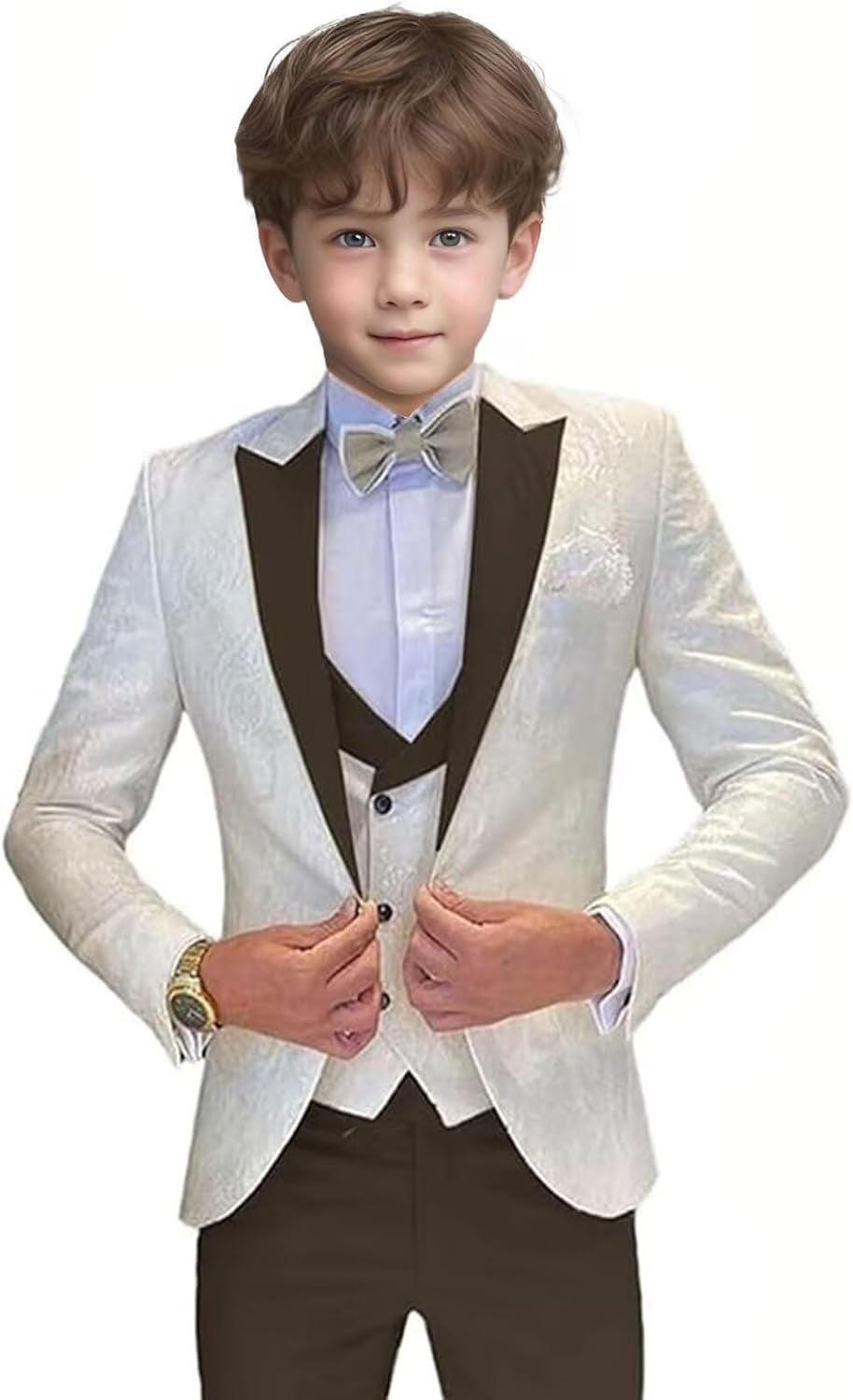 Boys Kids Sizes Tuxedo Suit AFT 3-Buttons Vest Suede Shawl Suit With Adjustable Tie Ivory main image 0