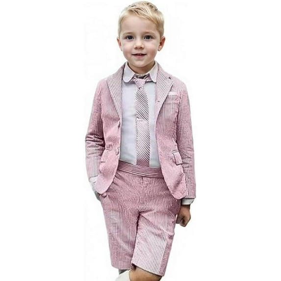 Lycody Boys Suits 2 Piece Casual Seersucker Stripe Blazer Short Pants Suit Kids and Teen Sport Coats Shorts Suit Outfits for Wedding travel , Adjustable Waist
