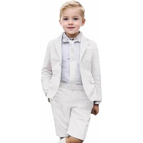 Lycody Boys Suits 2 Piece Casual Seersucker Stripe Blazer Short Pants Suit Kids and Teen Sport Coats Shorts Suit Outfits for Wedding travel , Adjustable Waist