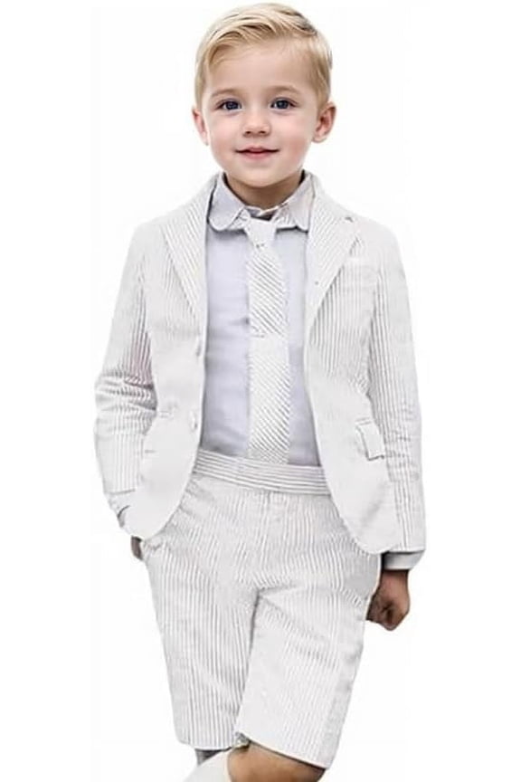 Boys Suits 2 Piece Casual Seersucker Stripe Blazer Short Pants Suit Kids and Teen Sport Coats Shorts Suit Outfits for Wedding travel , Adjustable Waist