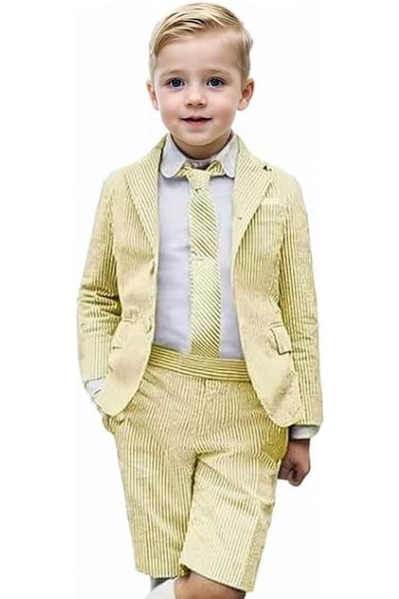 Boys Suits 2 Piece Casual Seersucker Stripe Blazer Short Pants Suit Kids and Teen Sport Coats Shorts Suit Outfits for Wedding travel , Adjustable Waist