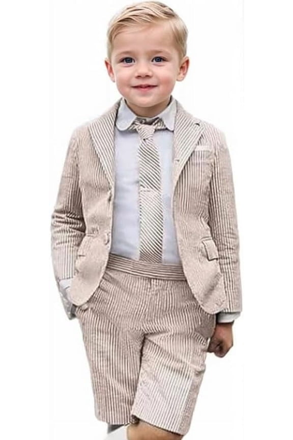 Boys Suits 2 Piece Casual Seersucker Stripe Blazer Short Pants Suit Kids and Teen Sport Coats Shorts Suit Outfits for Wedding travel , Adjustable Waist