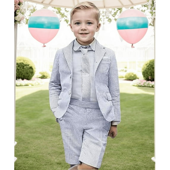 Lycody Boys Suits 2 Piece Casual Seersucker Stripe Blazer Short Pants Suit Kids and Teen Sport Coats Shorts Suit Outfits for Wedding travel , Adjustable Waist