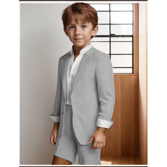 Lycody Kids' Classic Seersucker Tuxedo for Boys Formal Suit 2 Piece Boys Tuxedo Wedding Outfit Toddler Suit for Boys Jacket and Shorts