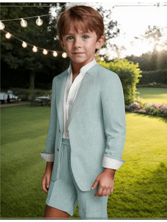 Kids' Classic Seersucker Tuxedo for Boys Formal Suit 2 Piece Boys Tuxedo Wedding Outfit Toddler Suit for Boys Jacket and Shorts
