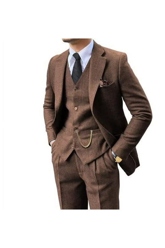Retro 3 Piece Suit Tweed Herringbone Men's Suits Slim Fit Groom Tuxedos Set Prom Brown Grey Jacket Blazer Vest Pants
