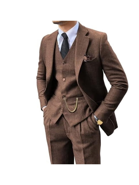 Retro 3 Piece Suit Tweed Herringbone Men's Suits Slim Fit Groom Tuxedos Set Prom Brown Grey Jacket Blazer Vest Pants