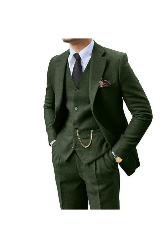 Men's Retro 3-Piece Tweed Herringbone Suit - Slim Fit Groom Tuxedo Set with Blazer, Vest, and Pants, Brown/Grey