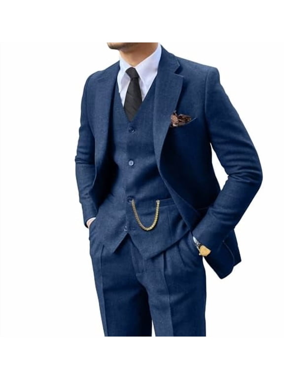 Retro 3 Piece Suit Tweed Herringbone Men's Suits Slim Fit Groom Tuxedos Set Prom Brown Grey Jacket Blazer Vest Pants