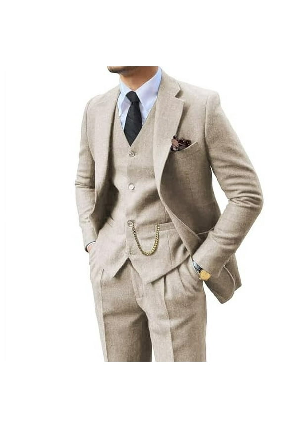 Retro 3 Piece Suit Tweed Herringbone Men's Suits Slim Fit Groom Tuxedos Set Prom Brown Grey Jacket Blazer Vest Pants