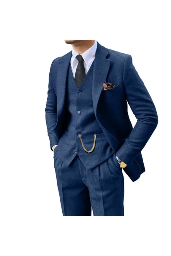 Men's Slim Fit Retro 3-Piece Tweed Herringbone Suit - Blazer, Vest, and Pants