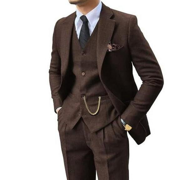 Lycody Retro 3 Piece Suit Tweed Herringbone Men's Suits Slim Fit Groom Tuxedos Set Prom Brown Grey Jacket Blazer Vest Pants