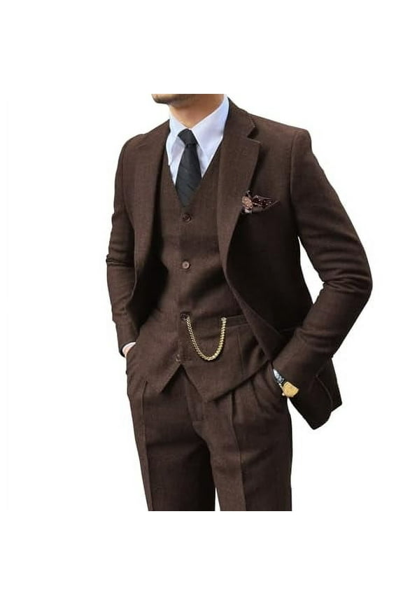 Retro 3 Piece Suit Tweed Herringbone Men's Suits Slim Fit Groom Tuxedos Set Prom Brown Grey Jacket Blazer Vest Pants