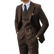 Lycody Retro 3 Piece Suit Tweed Herringbone Mens Suits Slim Fit Groom Tuxedos Set Prom Brown Grey Jacket Blazer Vest Pants