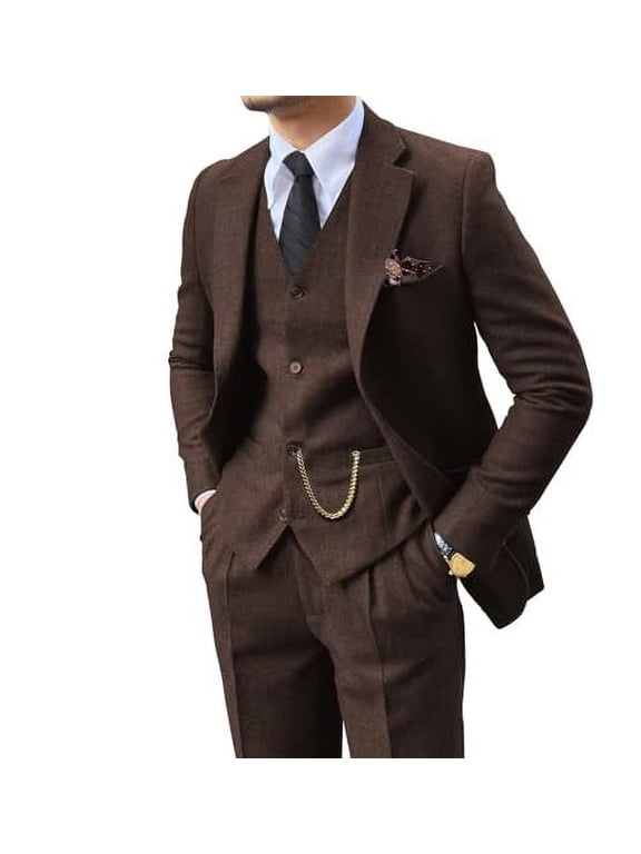 Retro 3 Piece Suit Tweed Herringbone Men's Suits Slim Fit Groom Tuxedos Set Prom Brown Grey Jacket Blazer Vest Pants