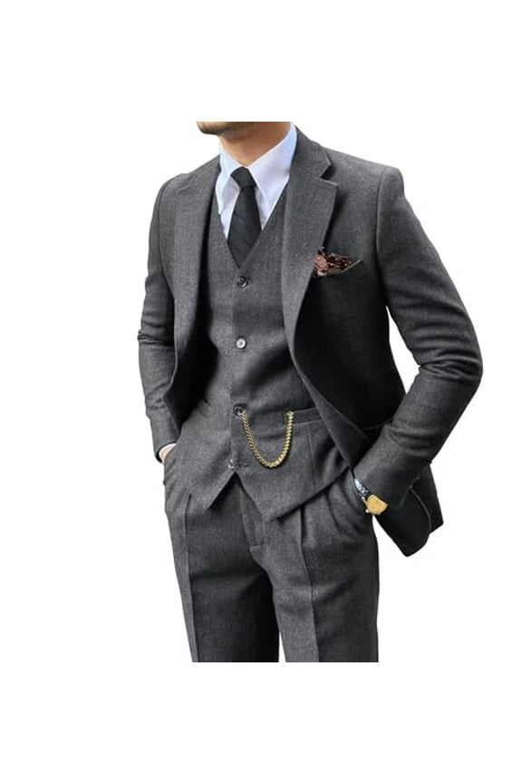 Retro 3 Piece Suit Tweed Herringbone Men's Suits Slim Fit Groom Tuxedos Set Prom Brown Grey Jacket Blazer Vest Pants