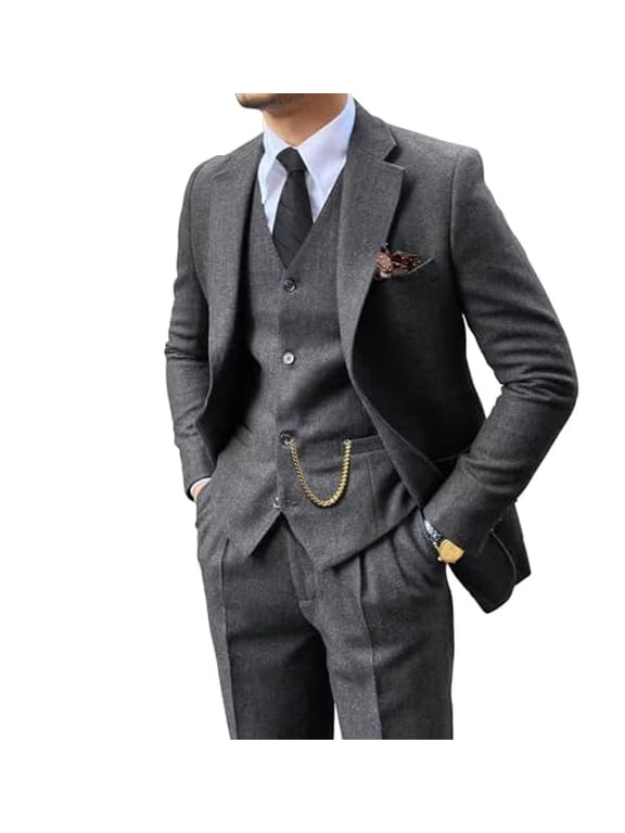 Retro 3 Piece Suit Tweed Herringbone Men's Suits Slim Fit Groom Tuxedos Set Prom Brown Grey Jacket Blazer Vest Pants