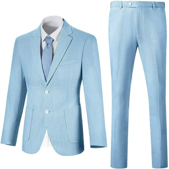 Lycody Summer Boys Seersucker Suit Kids Formal Slim Tuxedo Suits for Teen Beach Prom Graduate Party Wedding Single Breasted Pocket design Jacket Adjustable waist Pants Set