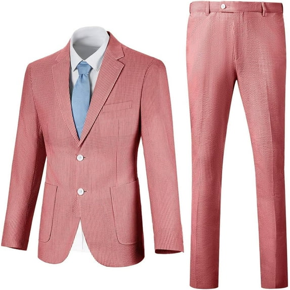 Lycody Summer Boys Seersucker Suit Kids Formal Slim Tuxedo Suits for Teen Beach Prom Graduate Party Wedding Single Breasted Pocket design Jacket Adjustable waist Pants Set