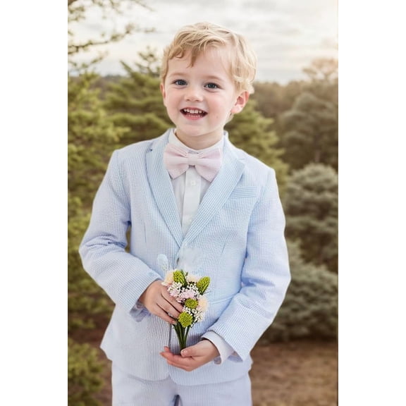 Lycody Summer Boys Seersucker Suit Kids Formal Slim Tuxedo Suits for Teen Beach Prom Graduate Party Wedding Single Breasted Pocket design Jacket Adjustable waist Pants Set