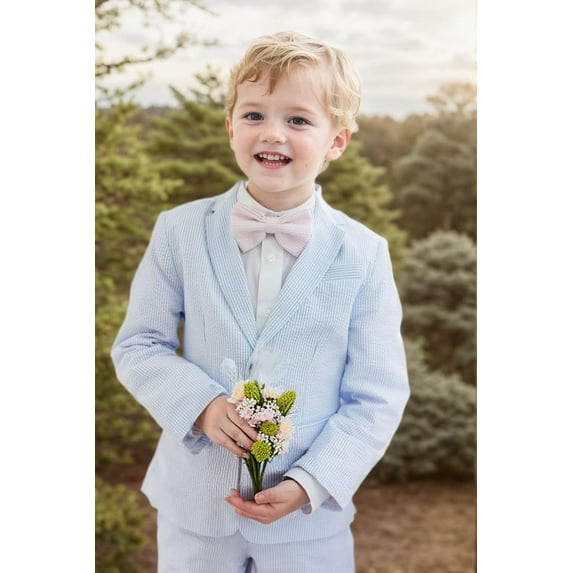 Lycody Summer Boys Seersucker Suit Kids Formal Slim Tuxedo Suits for Teen Beach Prom Graduate Party Wedding Single Breasted Pocket design Jacket Adjustable waist Pants Set